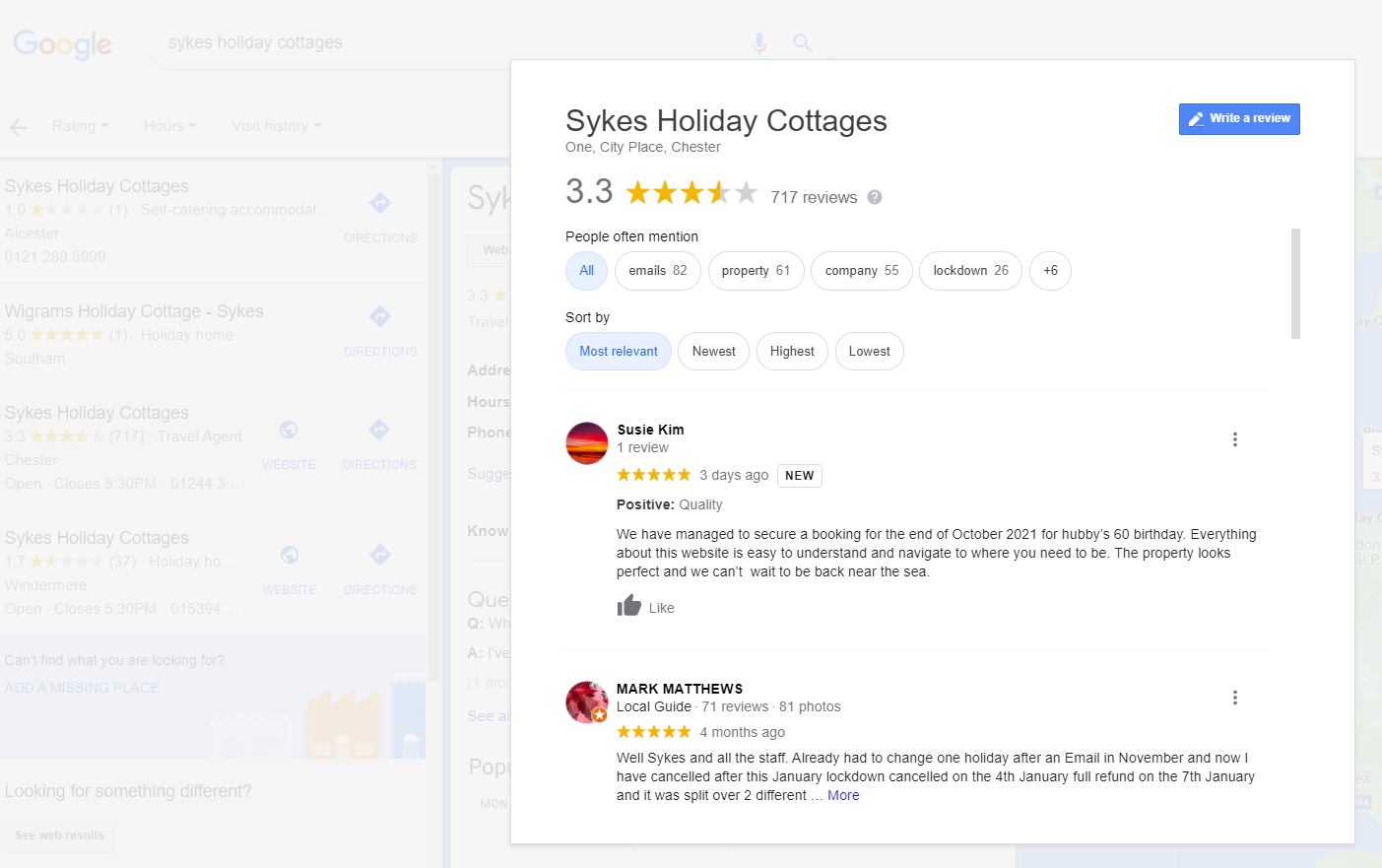 An example of Google reviews for a vacation rental business